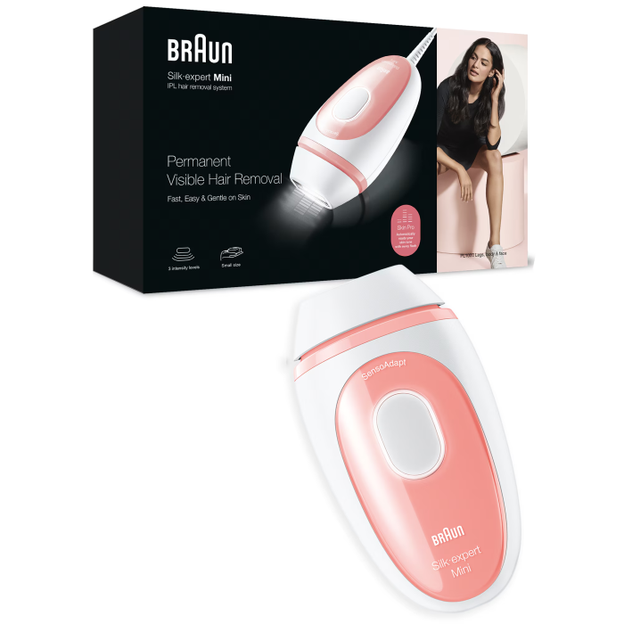 Epilator IPL Braun IPL Silk·expert Mini PL1000, SensoAdapt, 300.000 impulsuri, 3 niveluri de intensitate, corp si fata, Alb/Roz [1]