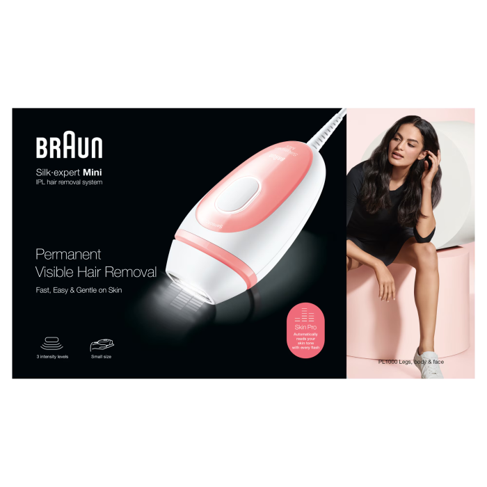 Epilator IPL Braun IPL Silk·expert Mini PL1000, SensoAdapt, 300.000 impulsuri, 3 niveluri de intensitate, corp si fata, Alb/Roz [3]