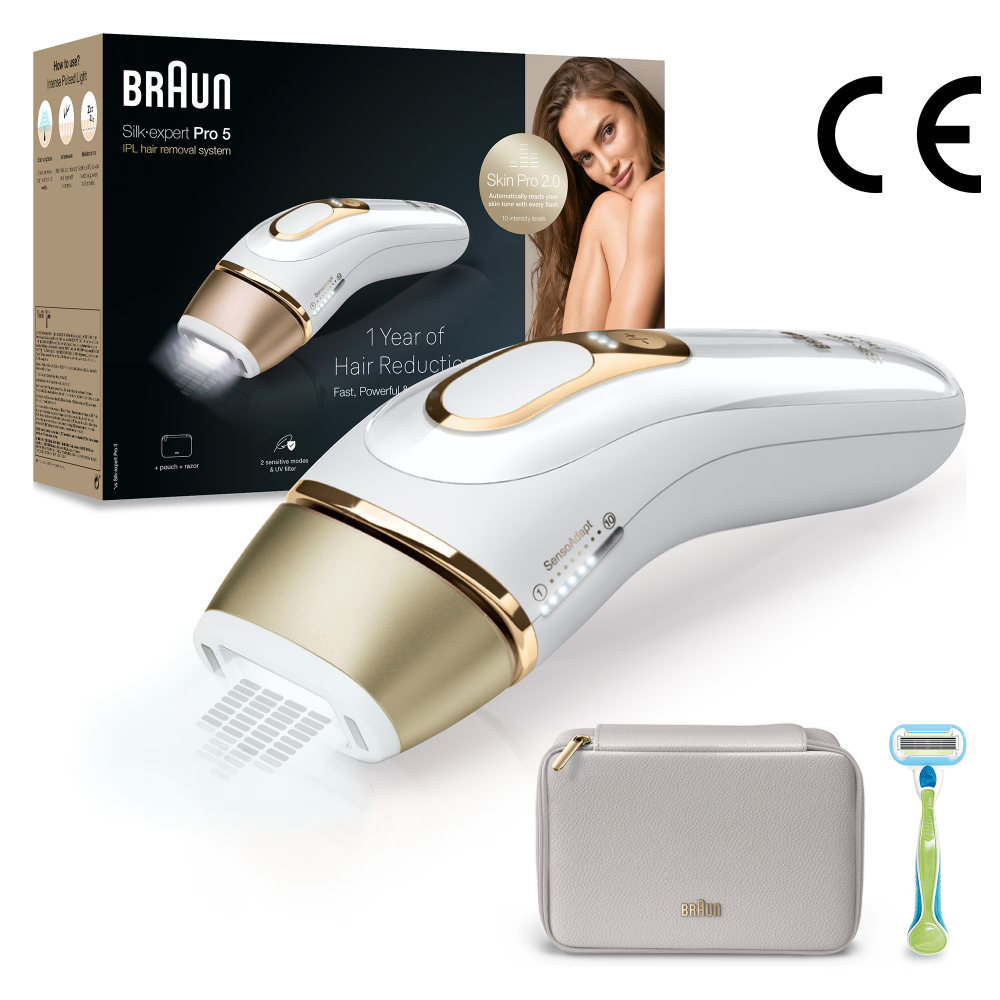 Epilator IPL Braun Silk-expert PRO 5 PL5052 Senzor automat & continuu Skin pro 2.0, 400.000 impulsuri, 10 niveluri de intensitate, 125 de impulsuri pe minut, Trusa de voiaj, Aparat de ras Venus, Alb/A [1]