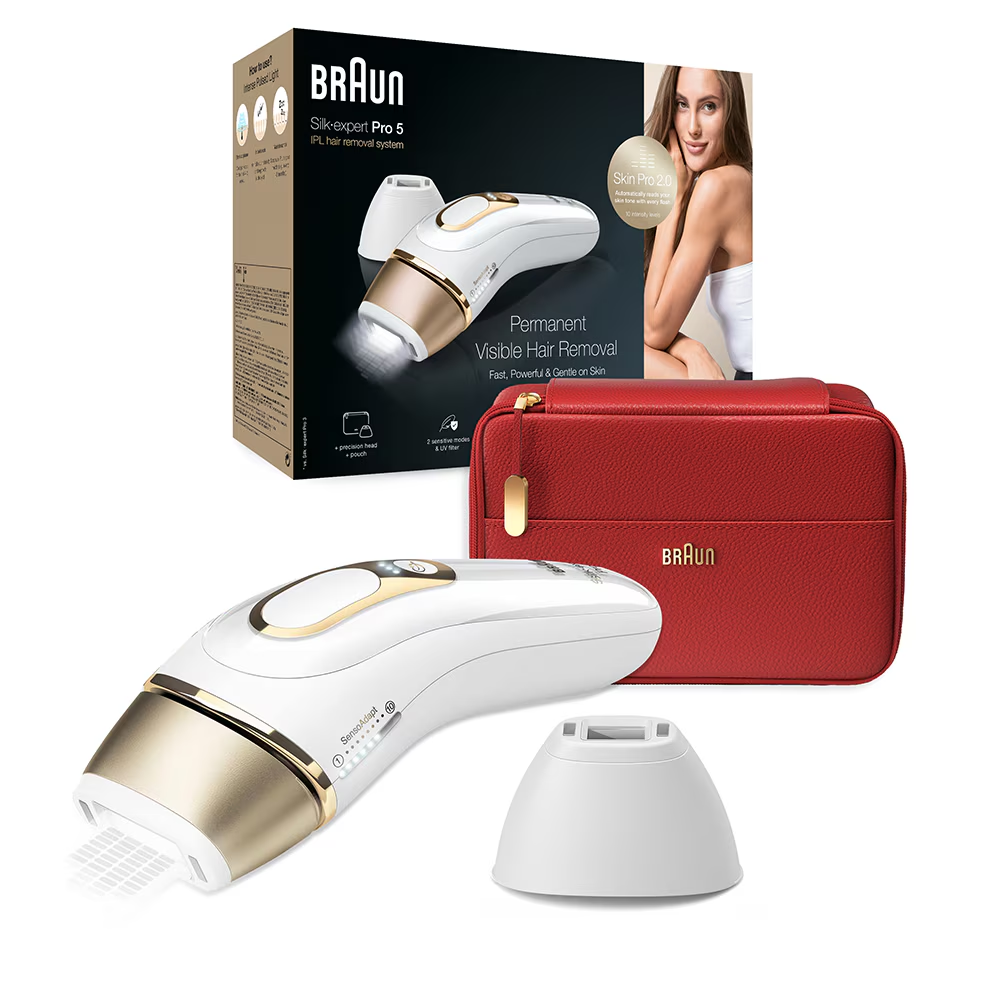 Epilator IPL Braun Silk-expert PRO 5 PL5160 senzor automat & continuu skin pro 2.0, 400.000 impulsuri, 10 niveluri de intensitate, 125 de impulsuri pe minut, cap de precizie, trusa de voiaj, alb/auriu [1]