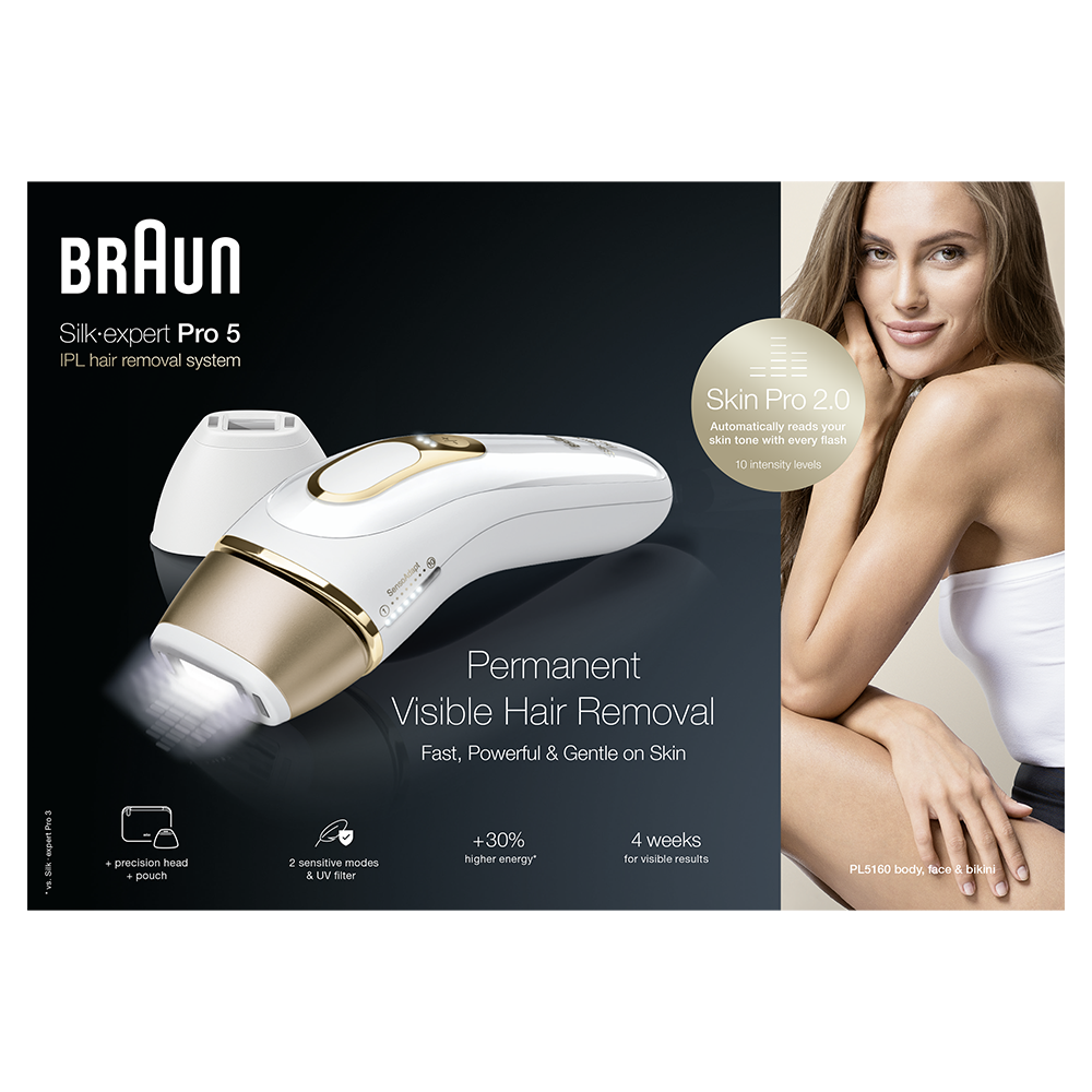 Epilator IPL Braun Silk-expert PRO 5 PL5160 senzor automat & continuu skin pro 2.0, 400.000 impulsuri, 10 niveluri de intensitate, 125 de impulsuri pe minut, cap de precizie, trusa de voiaj, alb/auriu [3]