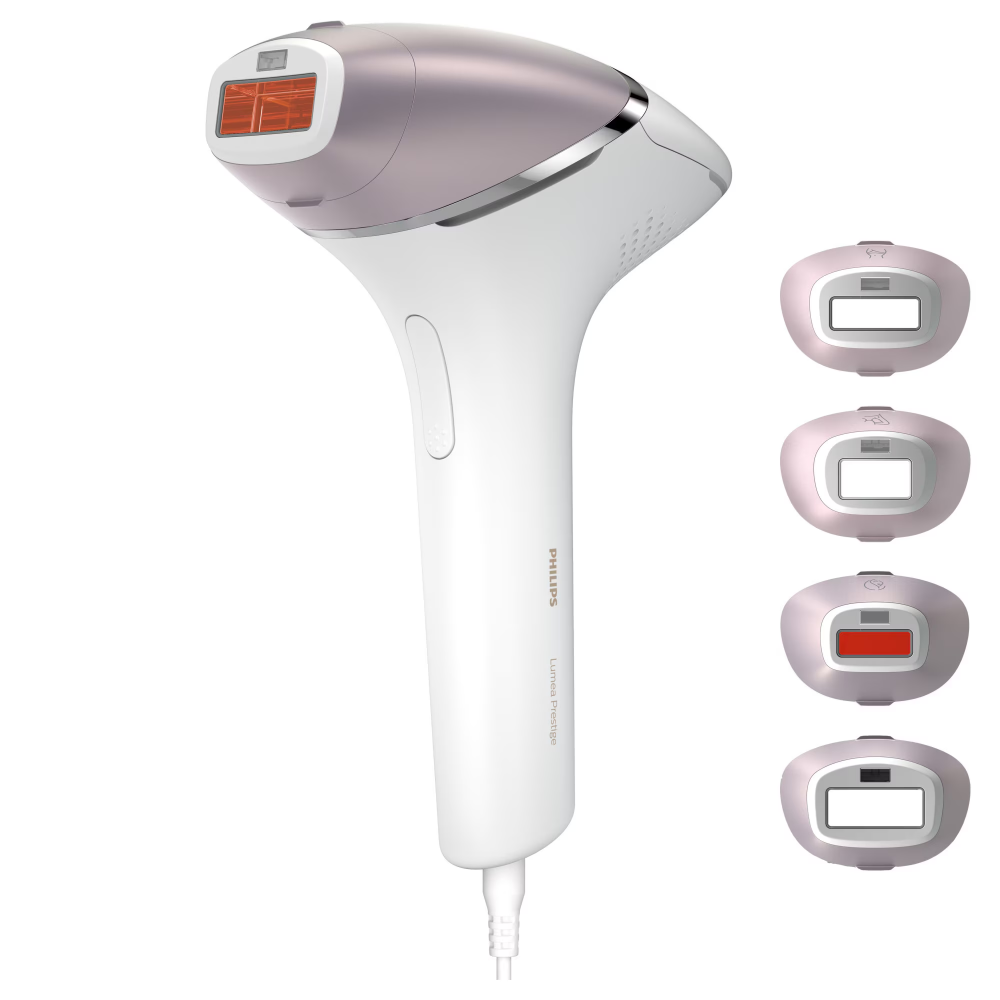 Epilator IPL Philips Lumea Seria 8000 BRI947/00, Senzor Smartskin, tehnologie SenseIQ, utilizare cu fir, 450.000 impusuri, accesoriu fata, corp, axila si inghinal, Alb/Roz [1]