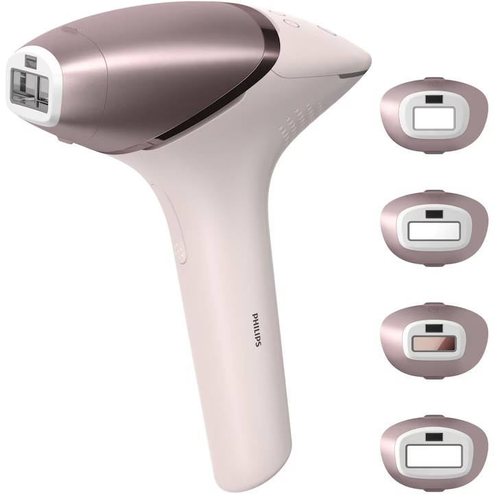 Epilator IPL Philips Lumea Seria 9900 BRI977/00, Senzor Smartskin, tehnologie SenseIQ, conectare la aplicatie cu functii Skin AI, utilizare cu sau fara fir, 450.000 impusuri, accesoriu fata, corp, axi [1]