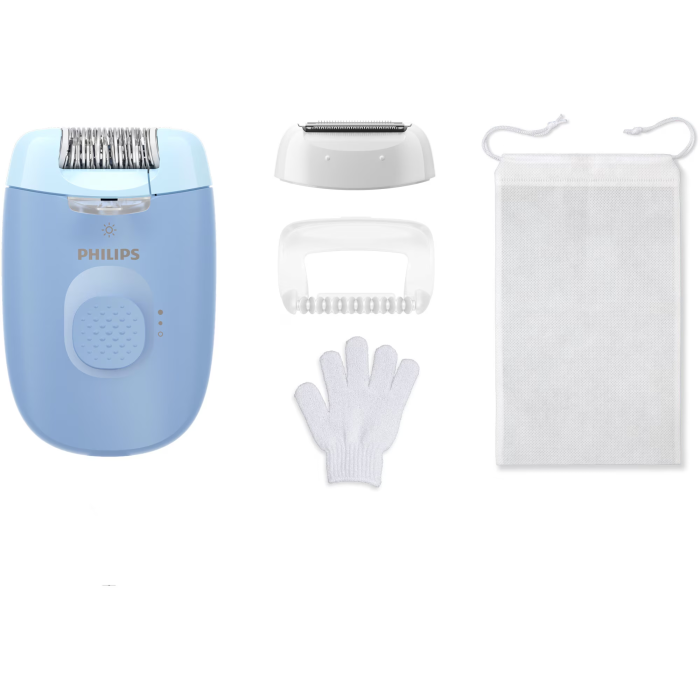 Epilator Philips Seria 4000 BRE247/00, 2 setari de viteza, cap de epilare lavabil, 4 accesorii pentru corp si zona inghinala, lumina LED, Albastru [1]