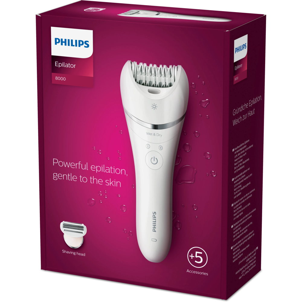 Epilator umed si uscat Philips BRE710/00, 5 accesorii, 32 pensete, utilizare fara fir, 2 setari viteza, opti-light, discuri ceramice, Argintiu [1]