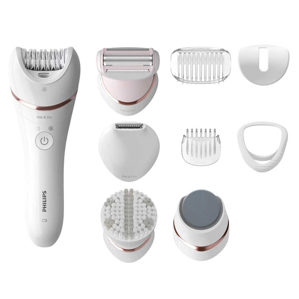 Epilator umed si uscat Philips BRE740/10, 9 accesorii, 32 pensete, utilizare fara fir, 2 setari viteza, opti-light, discuri ceramice, Alb [1]