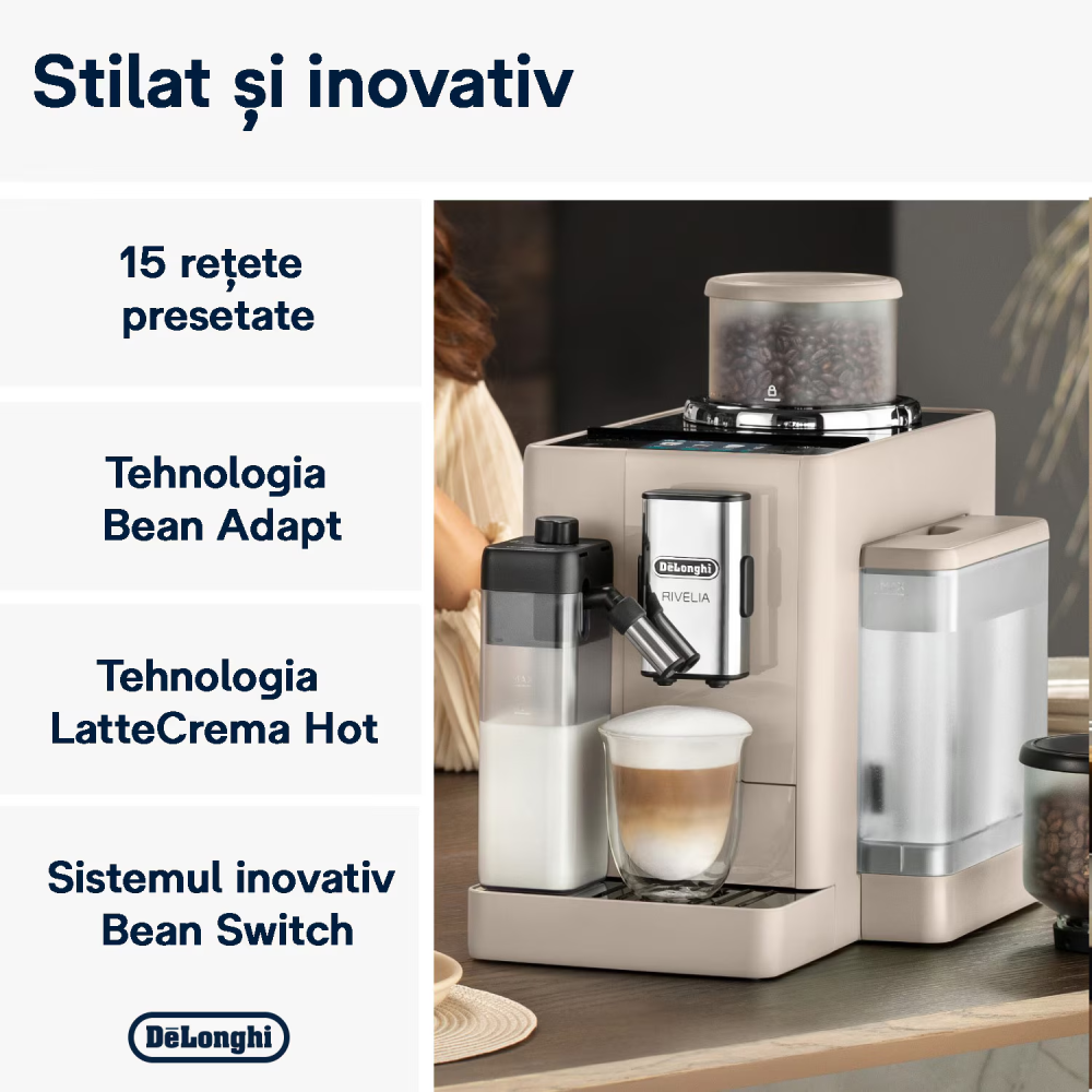Espressor automat De’Longhi Rivelia EXAM440.55.BG, 18 bauturi, 2 recipiente pentru boabe, Tehnologie Bean Adapt, Carafa de lapte cu tehnologie LatteCrema, 1450W, 19 bar, Bej [3]