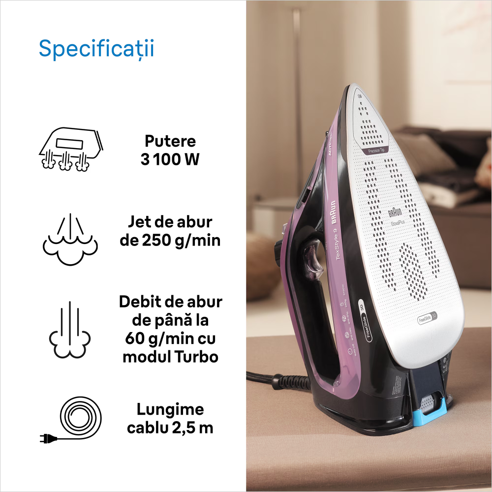 Fier de calcat Braun TexStyle 9 SI9661VI, 3100W, jet de abur 250g/min, abur variabil 0-60 g/min, talpa EloxalPlus, sistem ActiClean, rezervor 330 ml, tehnologie FreeGlide, oprire automata, sistem anti [4]
