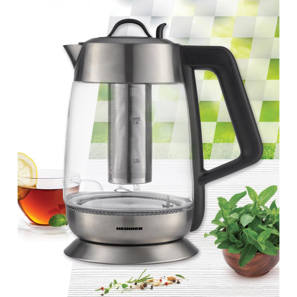 Fierbator cu filtru de ceai Heinner HEK-TF18GX, 1.8 L, 5 setari temperatura, iluminare colorata, control touch, element inox, oprire automata, Inox/Sticla [2]