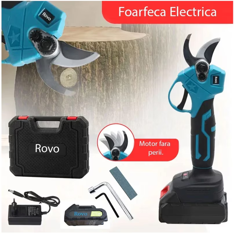 Foarfeca electrica pe acumulator pentru gradina Rovo RV-FE, 21 V, putere maxim 800 W, motor brushless, valiza de transport, taiere maxim 25 mm, contine: 2 acumulatori 2.0 Ah + incarcator + valiza tran [4]