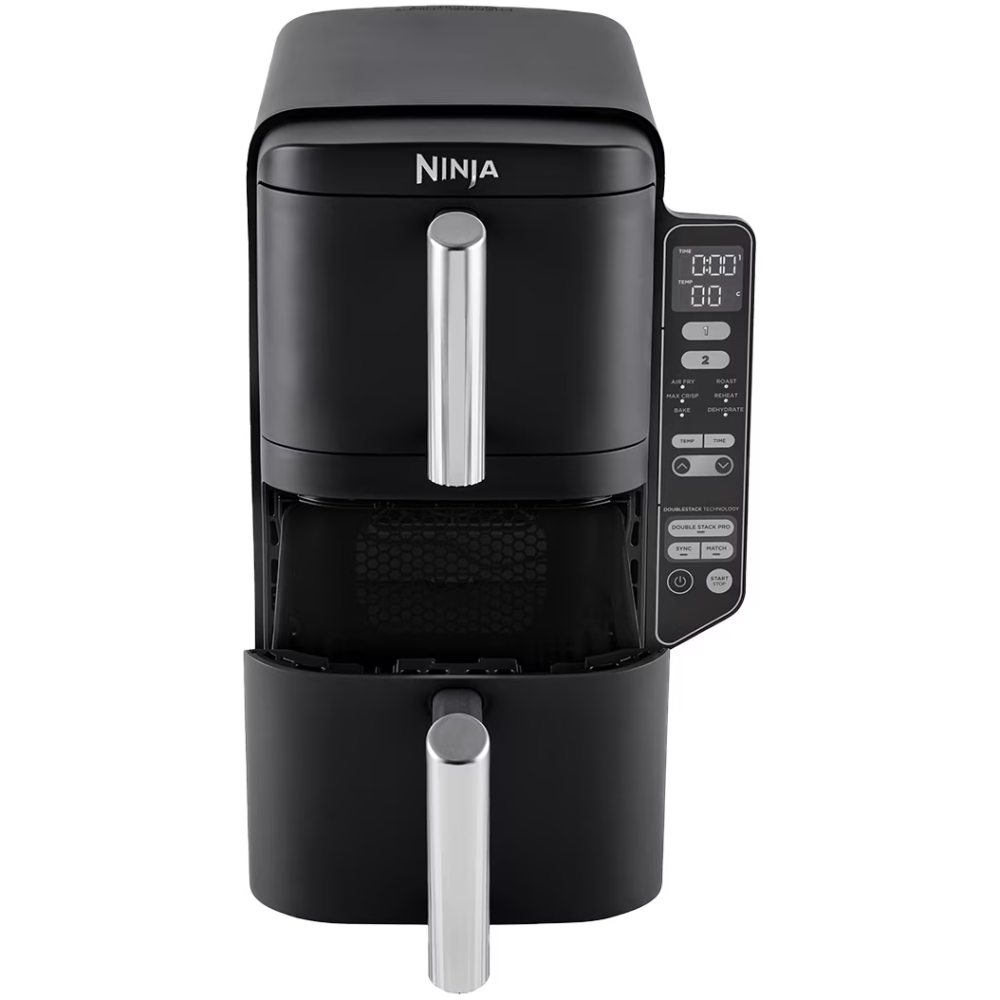 Friteuza cu aer cald Ninja Double Stack SL300, 2470W, 7.6l, 6 functii de gatit, 2 sertare suprapuse cu acoperire ceramica, 2 placi Crisp cu invelis ceramic, cu 75% mai putine grasimi, pana la 240°C, 2 [3]