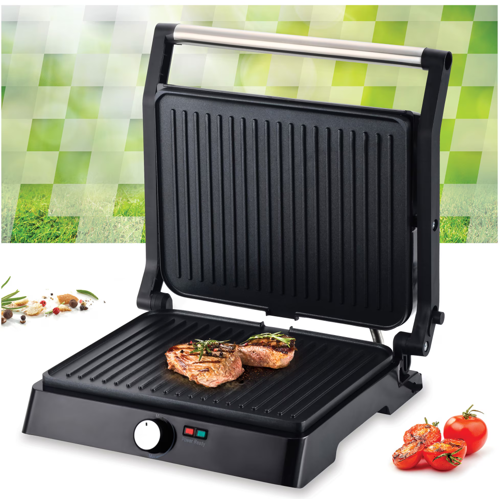 Gratar electric Heinner HEPG-F2000BKSS, placi fixe antiadezive, deschidere 180°, temperatura reglabila, Negru/Inox [3]