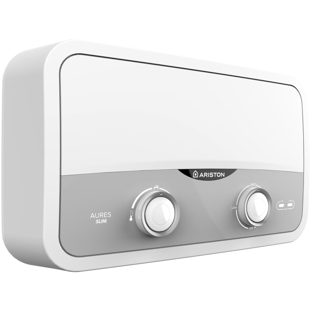 Incalzitor instant electric pentru apa Ariston AURES SLIM FLOW, Instalare single-point, Buton reglare debit, Protectie electrica IP25, Termostat cu siguranta dubla, 4 setari de putere, Kit robinet/dus [2]