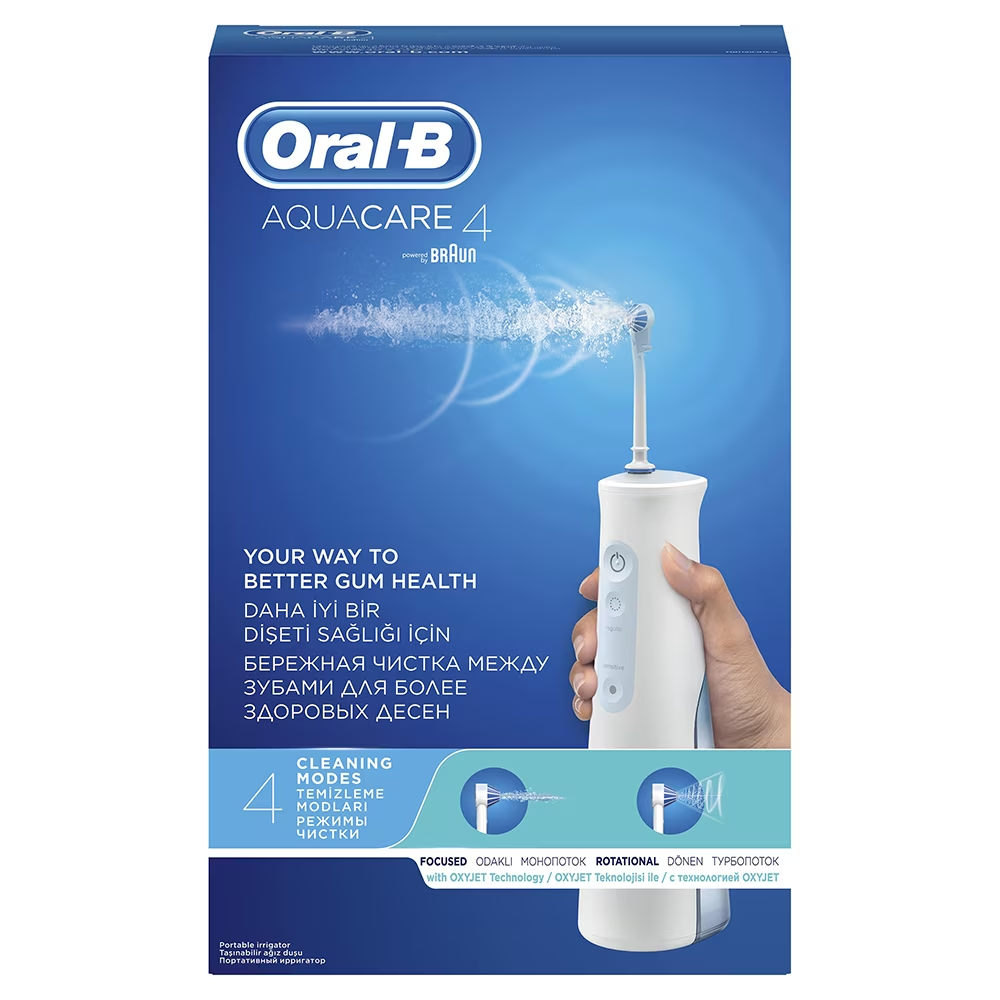 Irigator bucal portabil Oral-B AquaCare 4, Tehnologie Oxyjet, 2 intensitati, 3 fluxuri de apa, 2 capete, fara fir, Alb [3]
