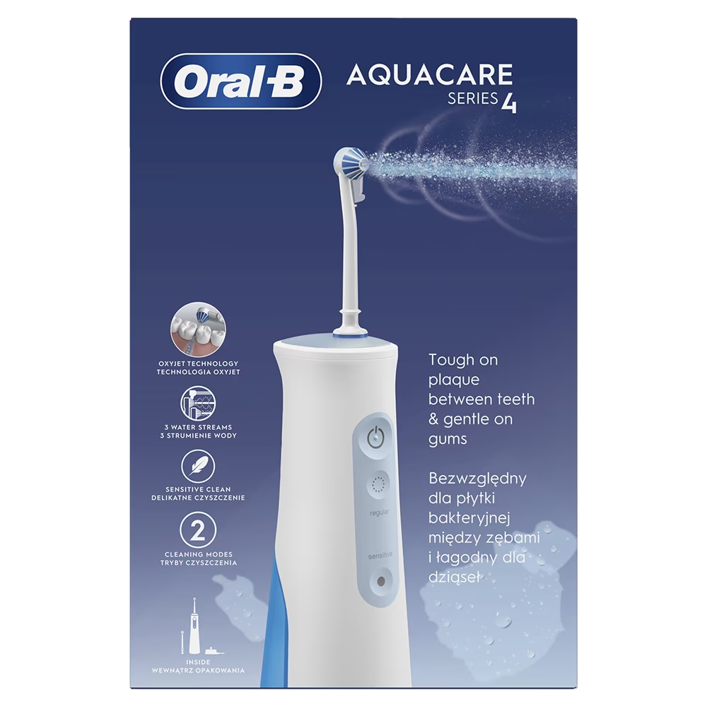 Irigator bucal portabil Oral-B AquaCare 4, Tehnologie Oxyjet, 2 intensitati, 3 fluxuri de apa, 2 capete, fara fir, Alb [2]