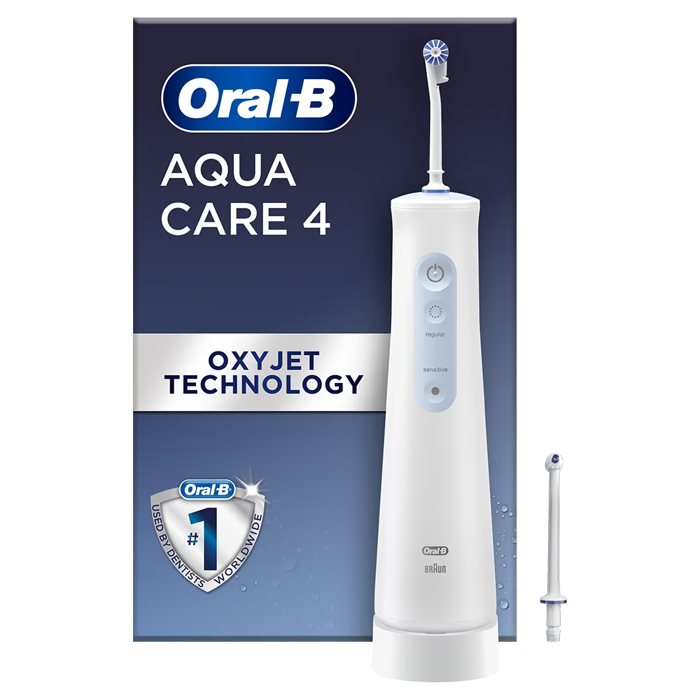 Irigator bucal portabil Oral-B AquaCare 4, Tehnologie Oxyjet, 2 intensitati, 3 fluxuri de apa, 2 capete, fara fir, Alb [1]