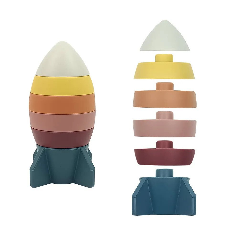 Jucarie Educativa si Interactiva pentru Copii - Turn Multicolor de Stivuire si Sortare Montessori din Silicon - Contine 6 Inele cu Elemente Senzoriale Potrivite pentru Dentitie Bebelusi - Forma de Rac [1]