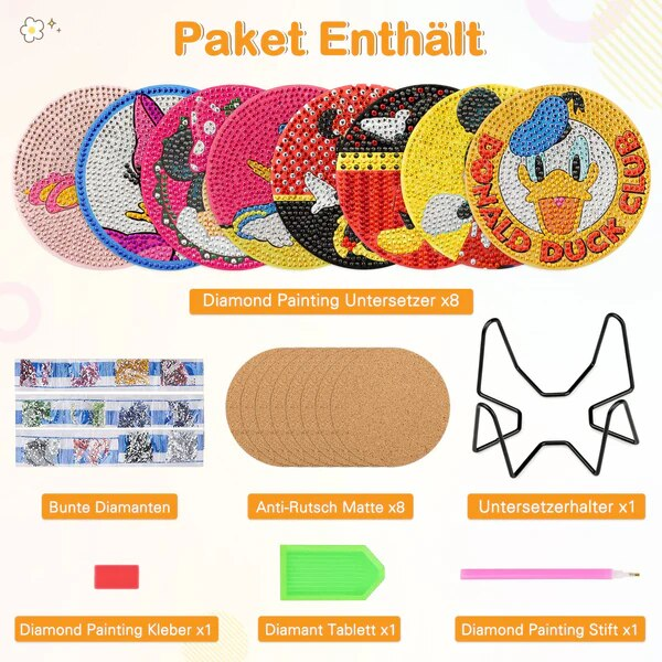 Kit Pictura cu Diamante pentru Copii, DAERLE, Set Arta Tematica Mickey Mouse si Prietenii, Suport Pahare, 8 Bucati [2]