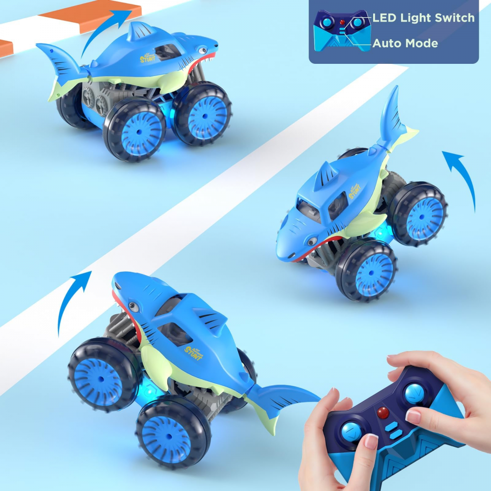 Masinuta cu Telecomanda pentru Apa si Teren, MonsterTruck Rechin, Amfibie, Rotire 360 grade, LED-uri, 4WD, Telecomanda 2.4Ghz, cu Acumulator Reincarcabil, Albastra [3]