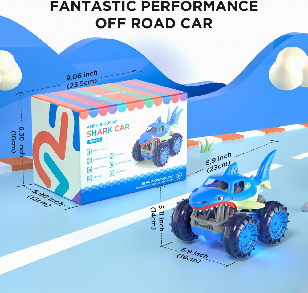 Masinuta cu Telecomanda pentru Apa si Teren, MonsterTruck Rechin, Amfibie, Rotire 360 grade, LED-uri, 4WD, Telecomanda 2.4Ghz, cu Acumulator Reincarcabil, Albastra [2]