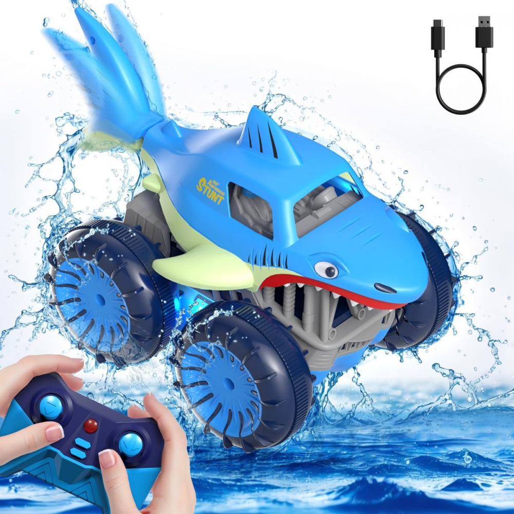 Masinuta cu Telecomanda pentru Apa si Teren, MonsterTruck Rechin, Amfibie, Rotire 360 grade, LED-uri, 4WD, Telecomanda 2.4Ghz, cu Acumulator Reincarcabil, Albastra [1]