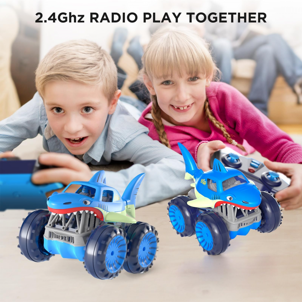 Masinuta cu Telecomanda pentru Apa si Teren, MonsterTruck Rechin, Amfibie, Rotire 360 grade, LED-uri, 4WD, Telecomanda 2.4Ghz, cu Acumulator Reincarcabil, Albastra [6]