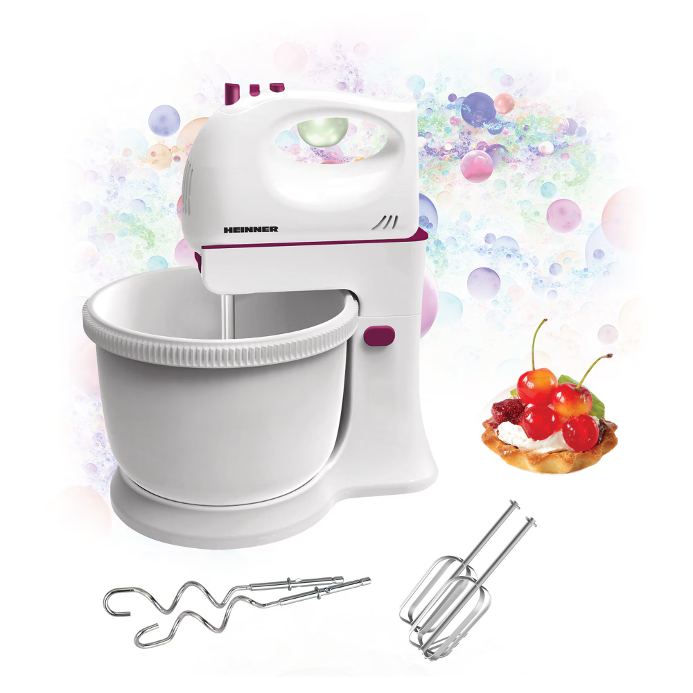 Mixer cu bol Heinner Charm HMB-350BG, 300W, 5 viteze + turbo, teluri si palete inox, bol rotativ 2.5l, alb/visiniu [2]