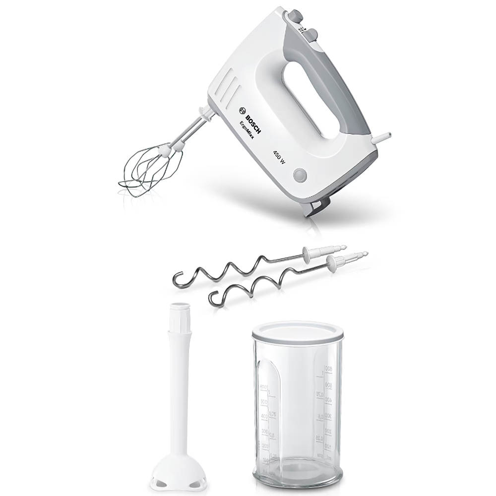 Mixer de mana Bosch MFQ36440, 450 W, 5 viteze + Turbo, Pasator, Vas gradat, Alb/Gri [2]