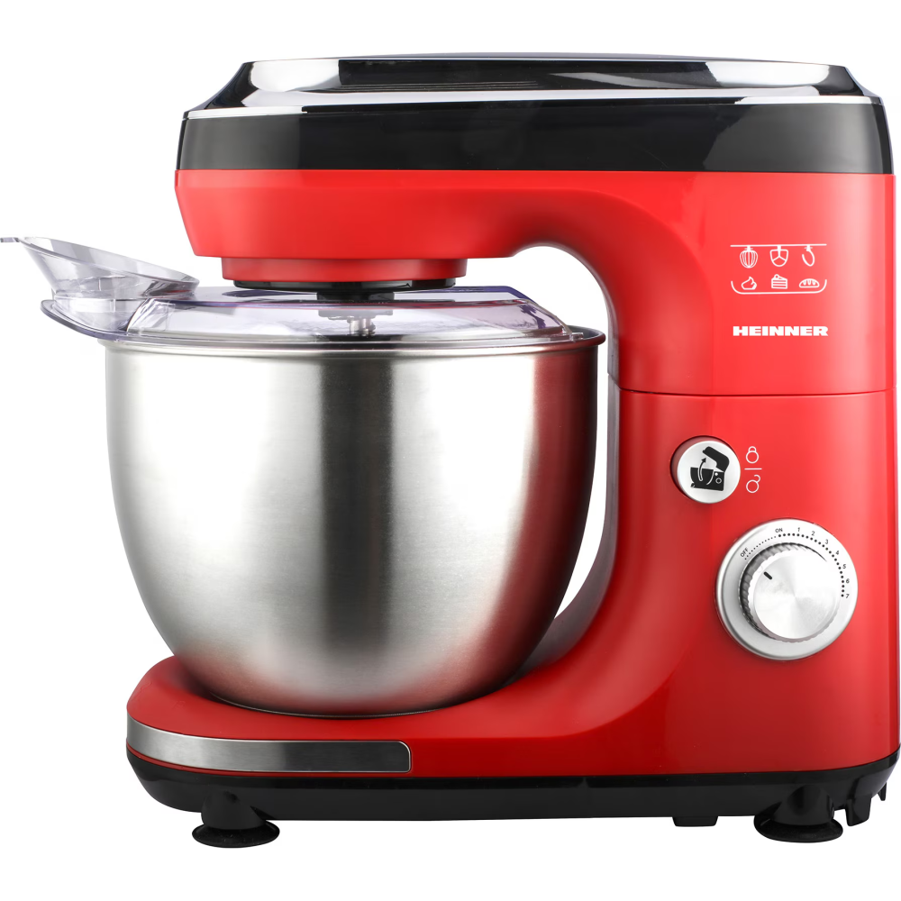 Mixer planetar cu bol Heinner HPM-600RD, 600W, Miscare eliptica, Bol inox 5l, Accesorii: tel inox, paleta si carlig din aluminiu turnat, Rosu/Negru [3]