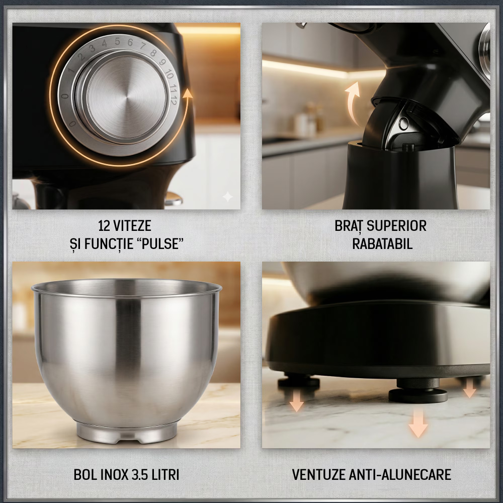 Mixer planetar cu bol Heinner HPM-D750BK, 600W, 12 viteze, bol inox 3.5L, accesorii tel, paleta si carlig, negru [4]