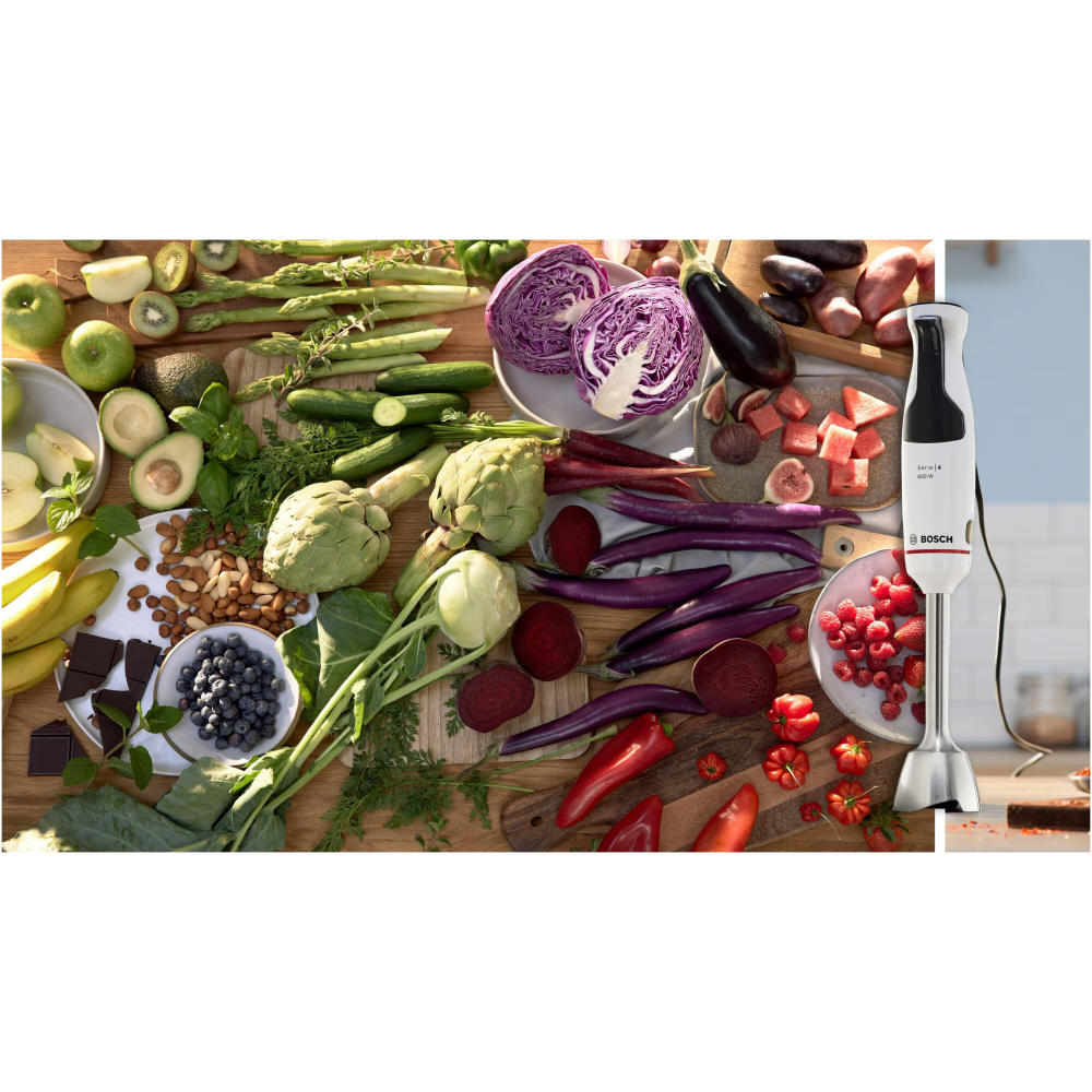 Mixer vertical Bosch ErgoMaster MSM4W410, 800 W, cutit 4 lame si functie antisplash, cuplaj ceramic, picior mixare inoxidabil, pahar de masurare, Alb/ antracit [2]
