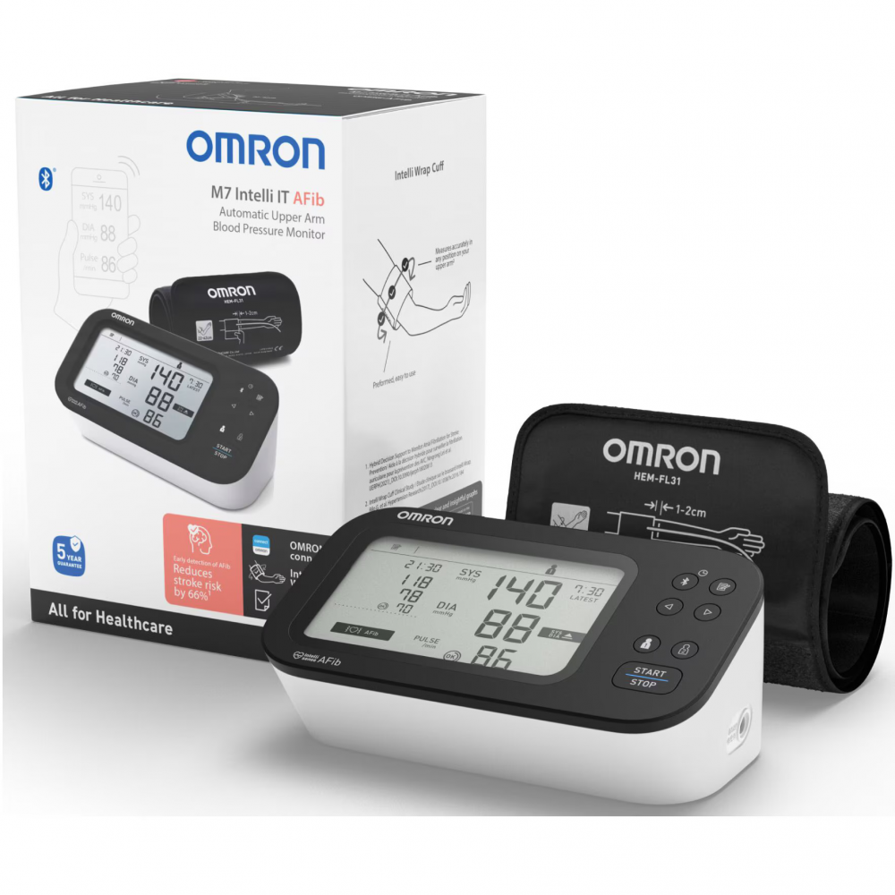 Pachet Tensiometru de brat automat OMRON M7 IT AFib, Tehnologie Intellisense, Adaptor AC original Omron, Alb [2]