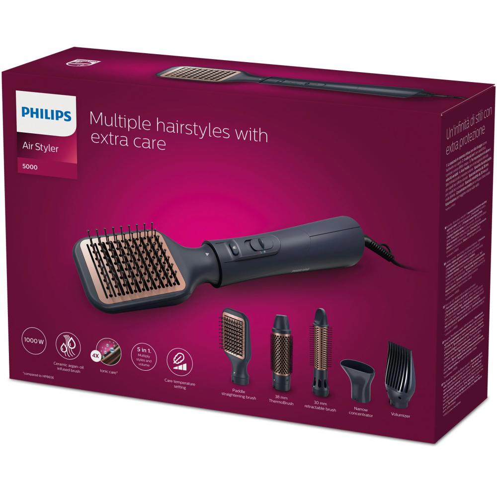 Perie cu aer cald Philips Seria 5000 BHA530/00, 1000W, tehnologie de distributie uniforma a caldurii, de 4 ori mai multi ioni, 5 accesorii, diametru perie 38mm, setare temperatura de ingrijire si aer [4]
