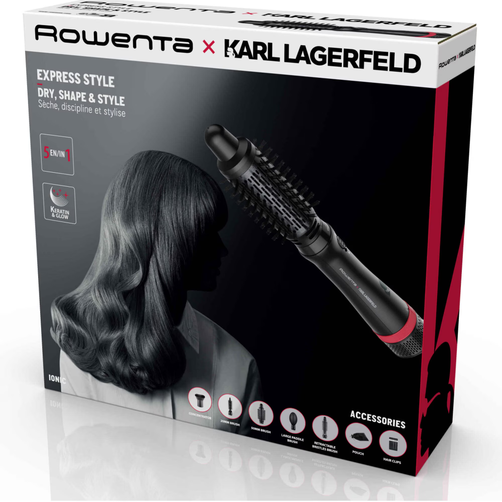 Perie rotativa cu aer cald Rowenta x Karl Lagerfeld Express Style CF635LF0, 800W, 3 trepte de viteza / temperatura, 5 accesorii, invelis Keratin & Glow, functie hair respect, cablu rotativ 360° , negr [4]