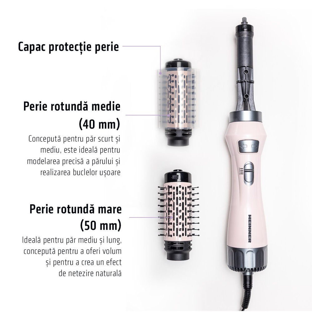 Perie rotativa Heinner HAB-R12RDC-PNK2, Motor DC, 1200 W, 2 trepte de putere, Invelis ceramic, Rotire in ambele sensuri, Accesorii: perie rotunda mare (50 mm), perie rotunda medie (40 mm), capac prote [3]