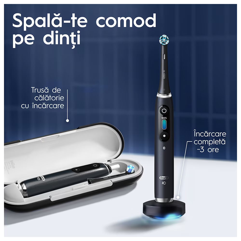 Periuta de dinti electrica Oral-B iO9 cu Tehnologie Magnetica si Micro-Vibratii, Inteligenta artificiala, Display led, Senzor de presiune Smart, 7 moduri, 1 capat, Suport rezerve, Trusa de calatorie c [6]