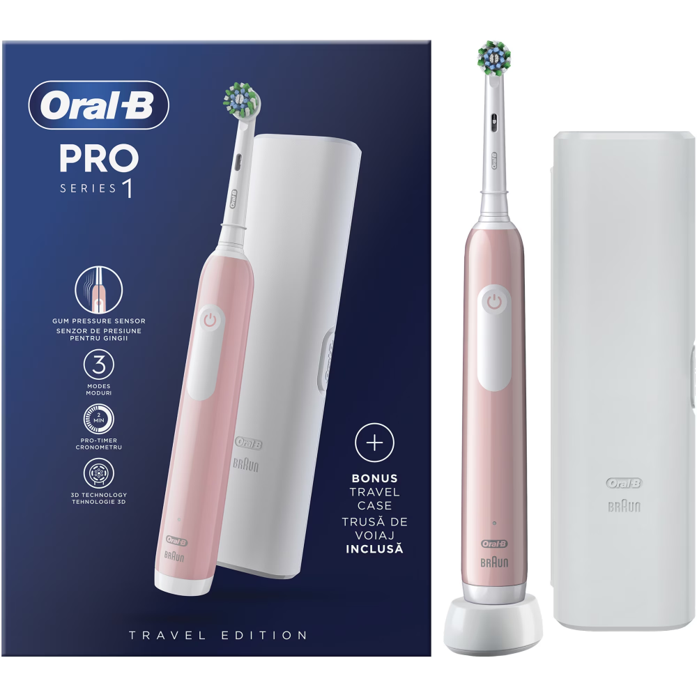 Periuta de dinti electrica Oral-B Pro 1, Curatare 3D, 1 program, 1 capat de periaj, trusa de calatorie, Roz [1]