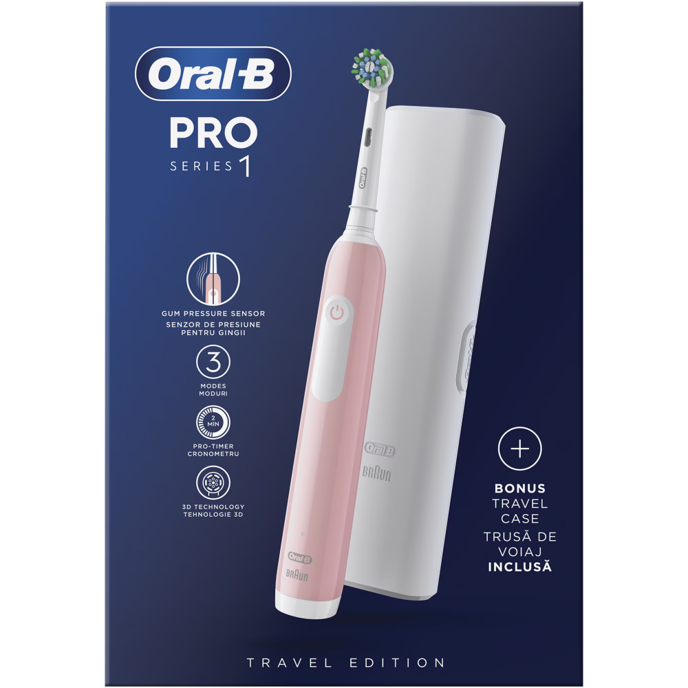 Periuta de dinti electrica Oral-B Pro 1, Curatare 3D, 1 program, 1 capat de periaj, trusa de calatorie, Roz [3]