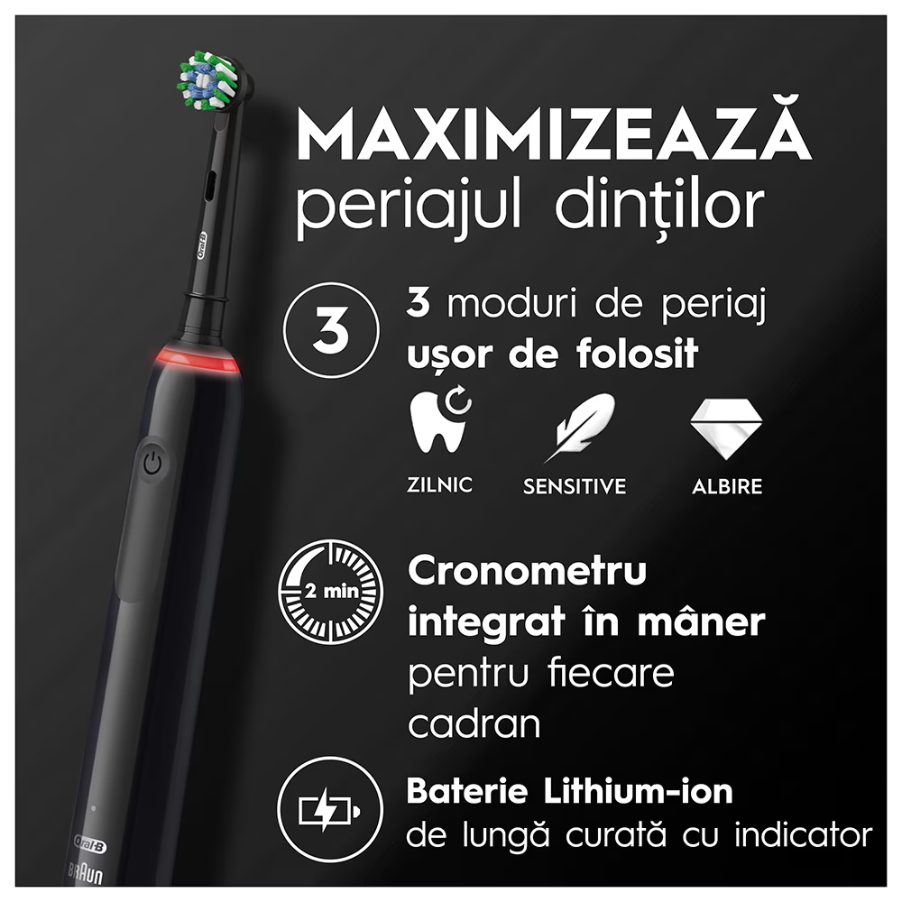 Periuta de dinti electrica Oral-B Pro 3 Cross Action, Curatare 3D, 3 programe, 1 capat, Negru [2]
