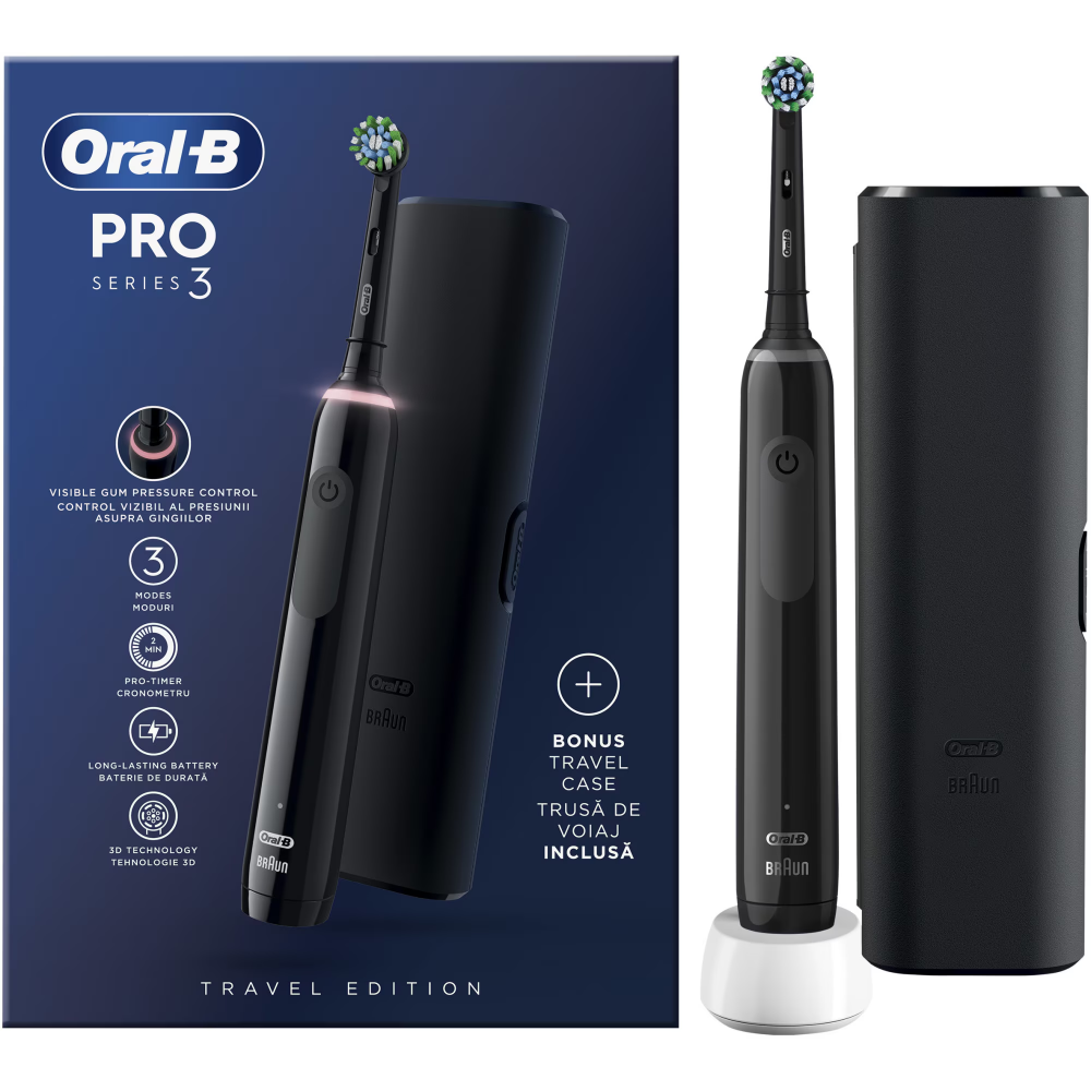 Periuta de dinti electrica Oral-B Pro 3 Cross Action, Curatare 3D, 3 programe, 1 capat, Negru [1]