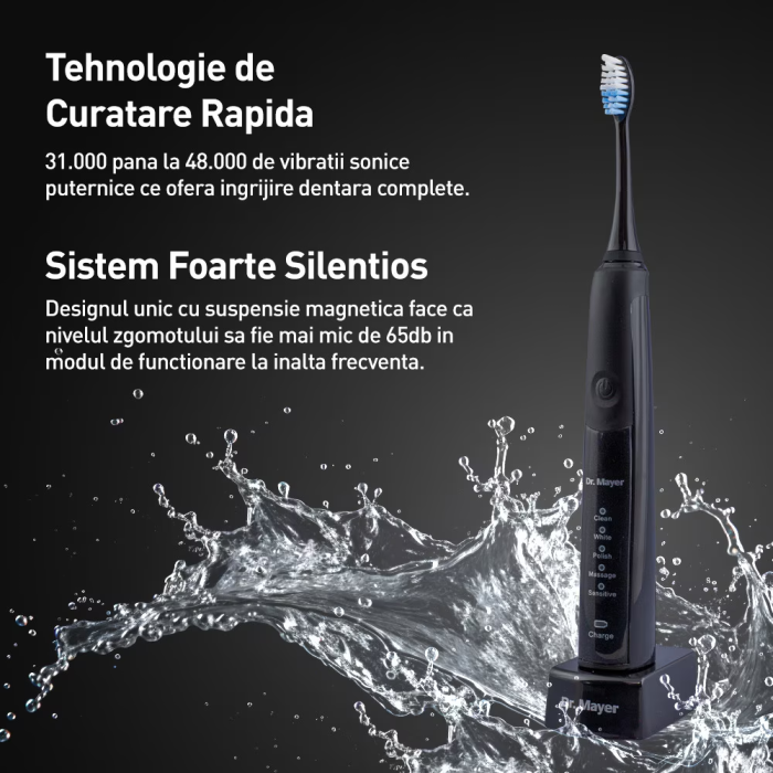 Periuta electrica sonica Dr. Mayer GTS2080BK negru, pana la 48 000 PM/min, 5 moduri de curatare, timp de utilizare pana la 180 min, Design impermeabil IPX7, silentioasa, 2 capete peri DuPont, GTS2080B [2]
