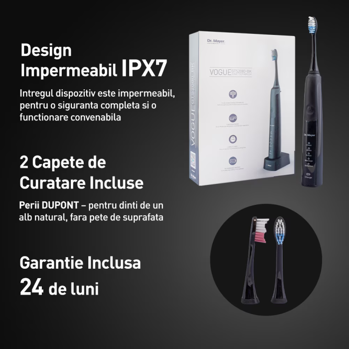 Periuta electrica sonica Dr. Mayer GTS2080BK negru, pana la 48 000 PM/min, 5 moduri de curatare, timp de utilizare pana la 180 min, Design impermeabil IPX7, silentioasa, 2 capete peri DuPont, GTS2080B [4]