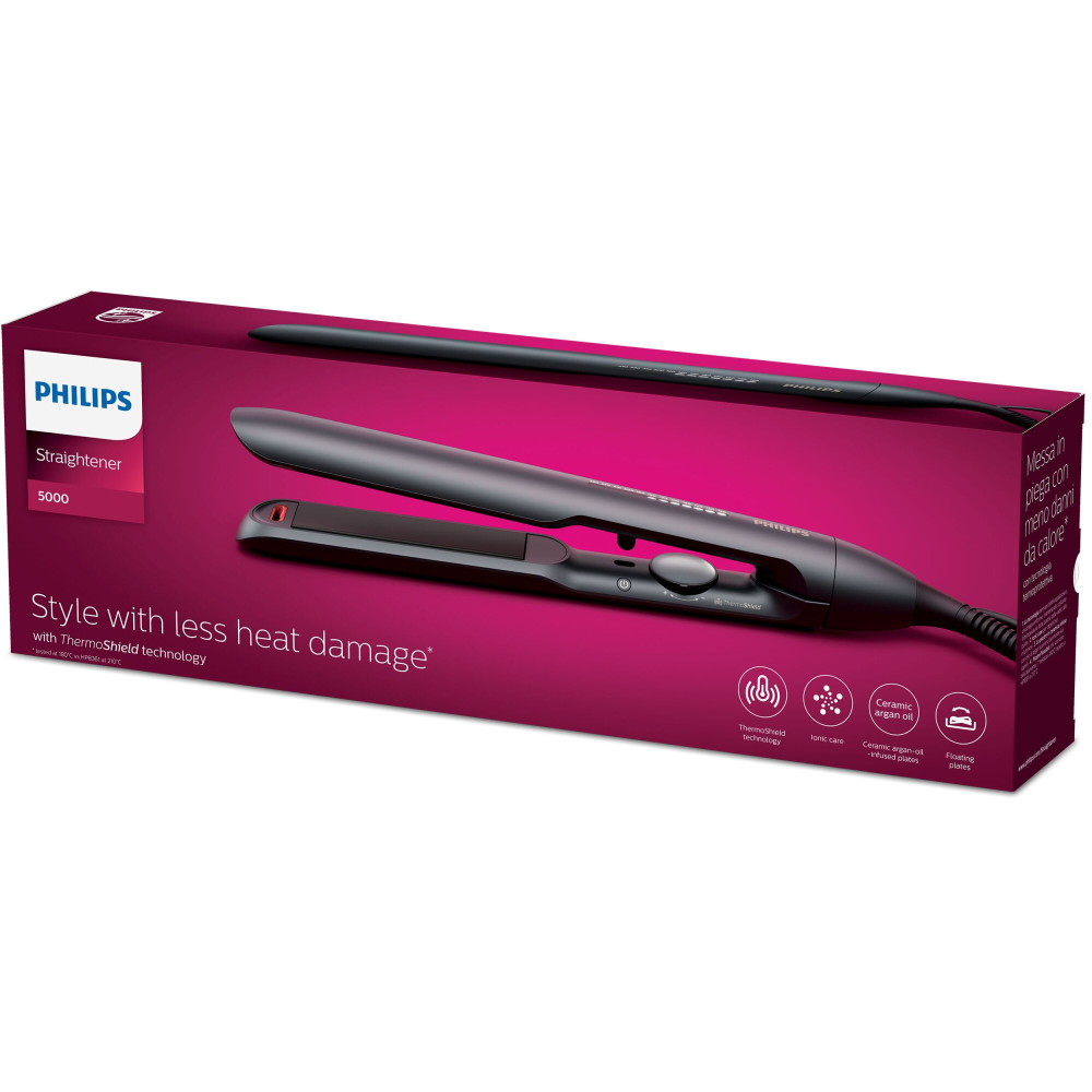 Placa de indreptat parul Philips BHS510/00, tehnologie ThermoShield, placi infuzate cu ulei de argan, 230°C, ingrijire ioni, 12 setari temperatura, husa termorezistenta, Negru [2]