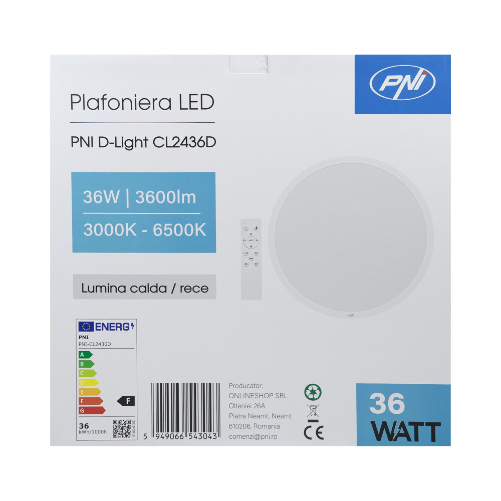 Plafoniera LED PNI D-Light CL2436D 36W, dimabila, cu telecomanda, rotunda 41cm, 3000K-6500K, alimentare 230V, 3600 lm, alb [3]