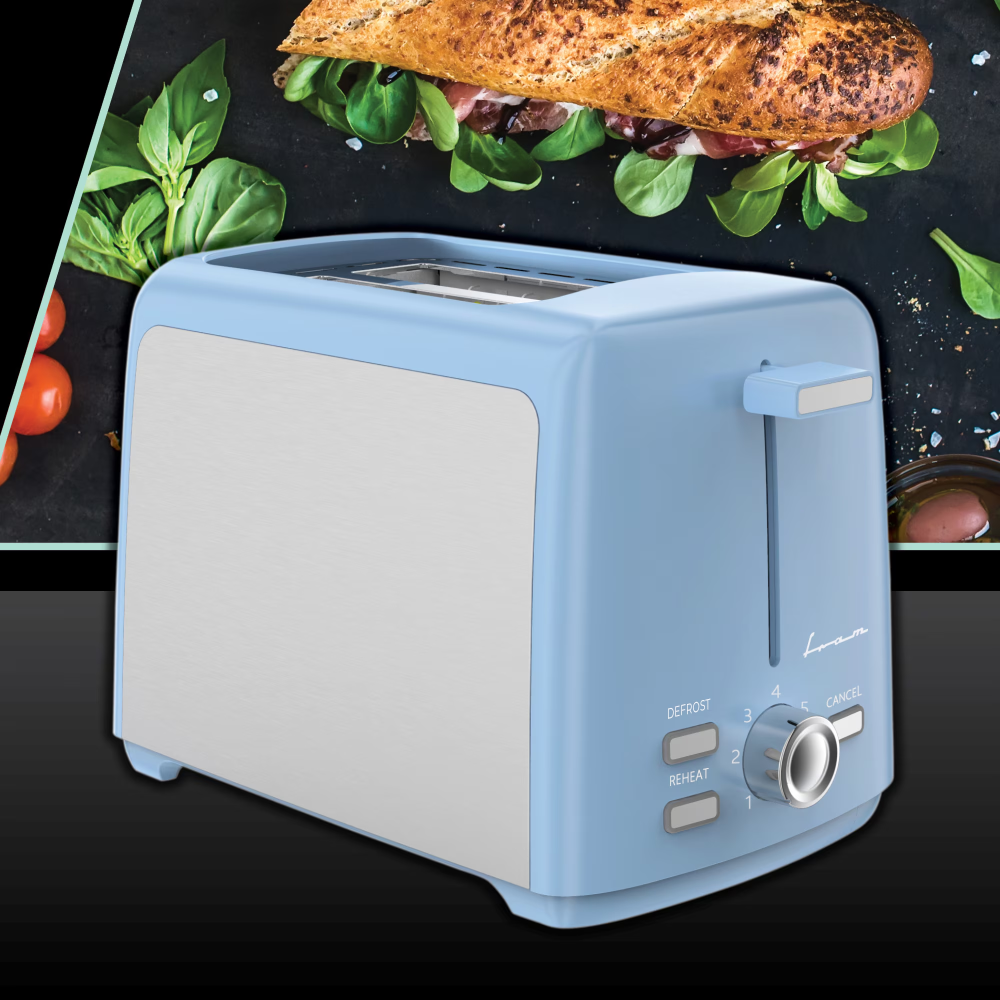 Prajitor de paine FRAM FTP-800SSBL, 800W, capacitate 2 felii, functi, 7 niveluri de rumenire, tavita detasabila pentru firimituri, Albastru [2]