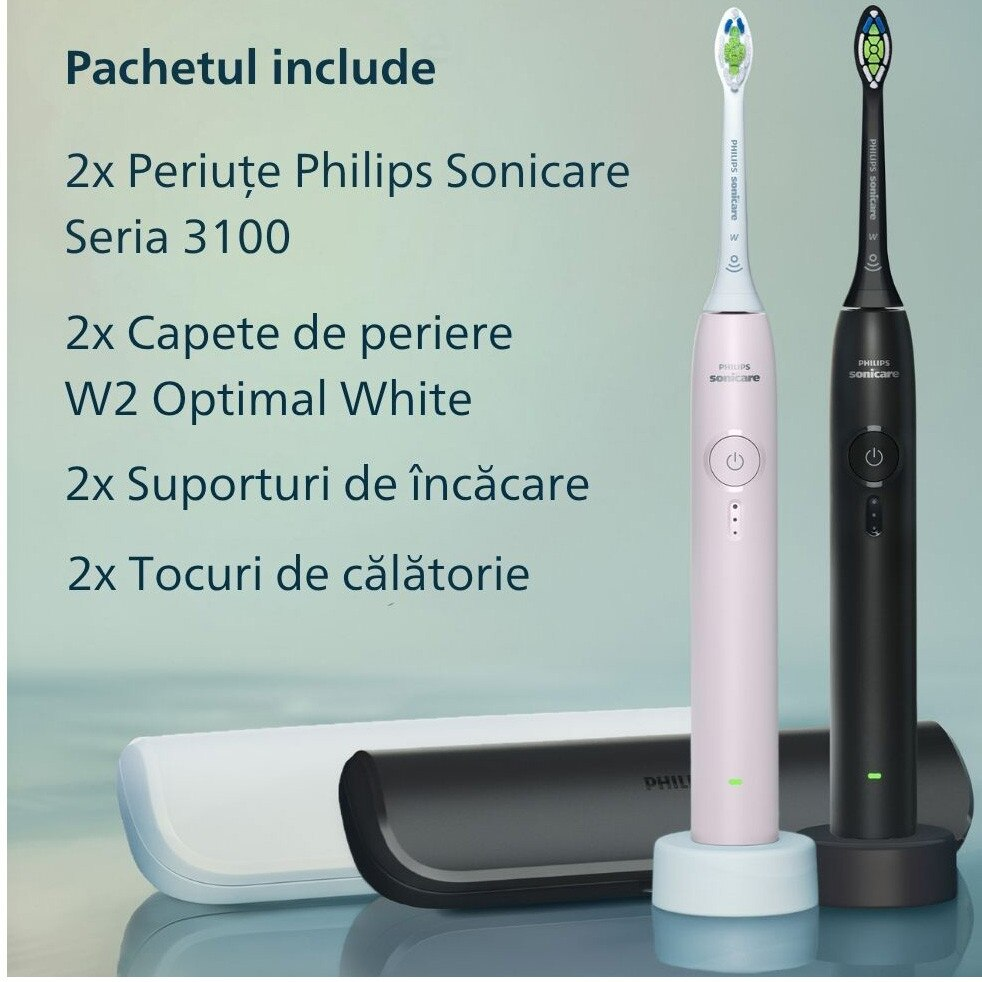 Set 2 periute electrice Philips Sonicare HX4072/42 Seria 3100, 1 mod, 3 intensitati, 2 x capete de periere Optimal White, 2 x toc de calatorie, negru si roz [2]