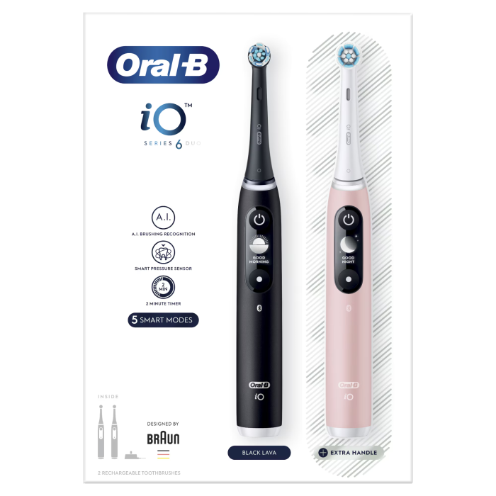 Set 2 x Periuta de dinti electrica Oral-B iO6, cu Tehnologie Magnetica si Micro-Vibratii, Inteligenta artificiala, Display led interactiv, Senzor de presiune Smart, Timer vizibil, 5 moduri, 1 capat, N [2]