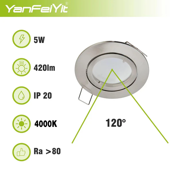Set 5 Spoturi LED Premium, YanFeiYit, 5W, 420 Lumeni, Unghi Luminare 120 grade, Rezistent la Apa IP20, Argintiu [4]