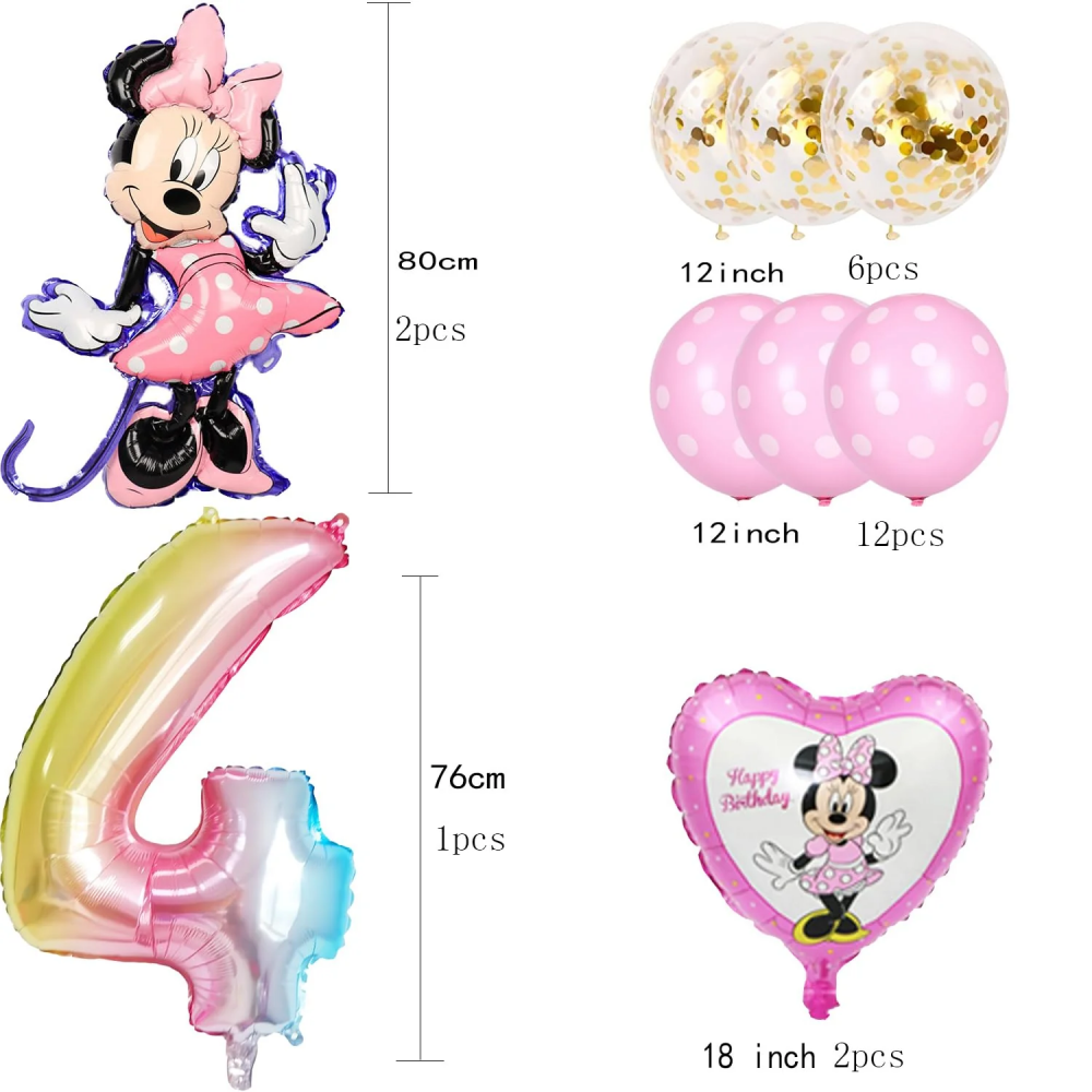 Set Baloane pentru Petrecere Copii 4 Ani, Minnie Mouse, Folie si Latex, Ghirlanda Happy Birthday, Roz [2]