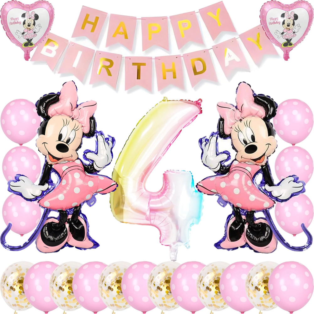 Set Baloane pentru Petrecere Copii 4 Ani, Minnie Mouse, Folie si Latex, Ghirlanda Happy Birthday, Roz [1]